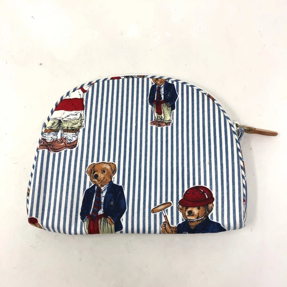 Vintage Ralph Lauren Polo Bear Cosmetic Bag Blue Striped Fabric Pouch